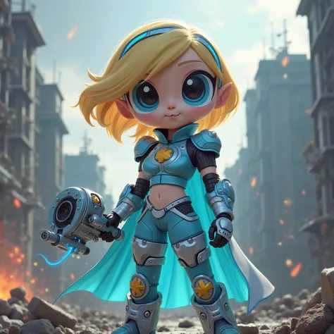 Bubbles, the sweetest and most joyful of the Powerpuff, is transformed into a fearless warrior,  ready for combat. Her iconic light blue outfit has been replaced by a futuristic and elegant armor, that maintains her traditional colors: shades of bright lig...