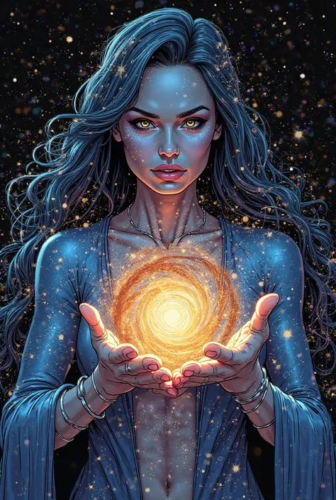 draw a comic-style picture of a  holding the universe in her hands