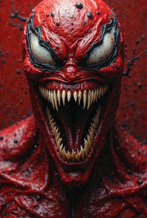 A close-up, hyperrealistic depiction of character Venom, specifically rendition of Carnage.  Crimson-red flesh & blood splatter form textured surface, flowing & rippling around monstrous face and body. face is grotesque & angry, with sharp, jagged teeth ba...