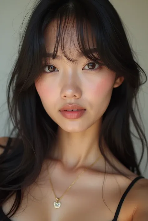 "Create a Brazilian influencer model with light Korean features on her eyes,  realistic face ,  She has a slender and elegant figure ,  Her face is harmonious , with dark brown eyes, shy and sensual smile, she has white skin,  with a rosy and healthy tone ...