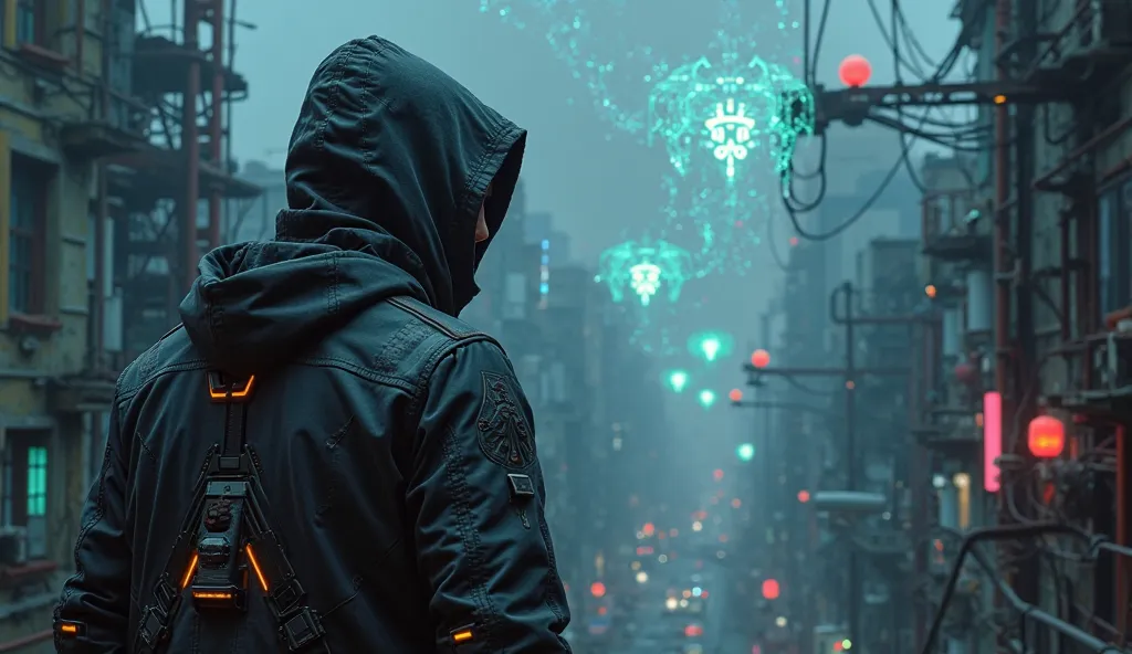 A dystopian cityscape with glowing brain implants in the sky, a hacker wearing a futuristic hoodie infiltrating a brain network, dark and moody, cinematic, 4K resolution.