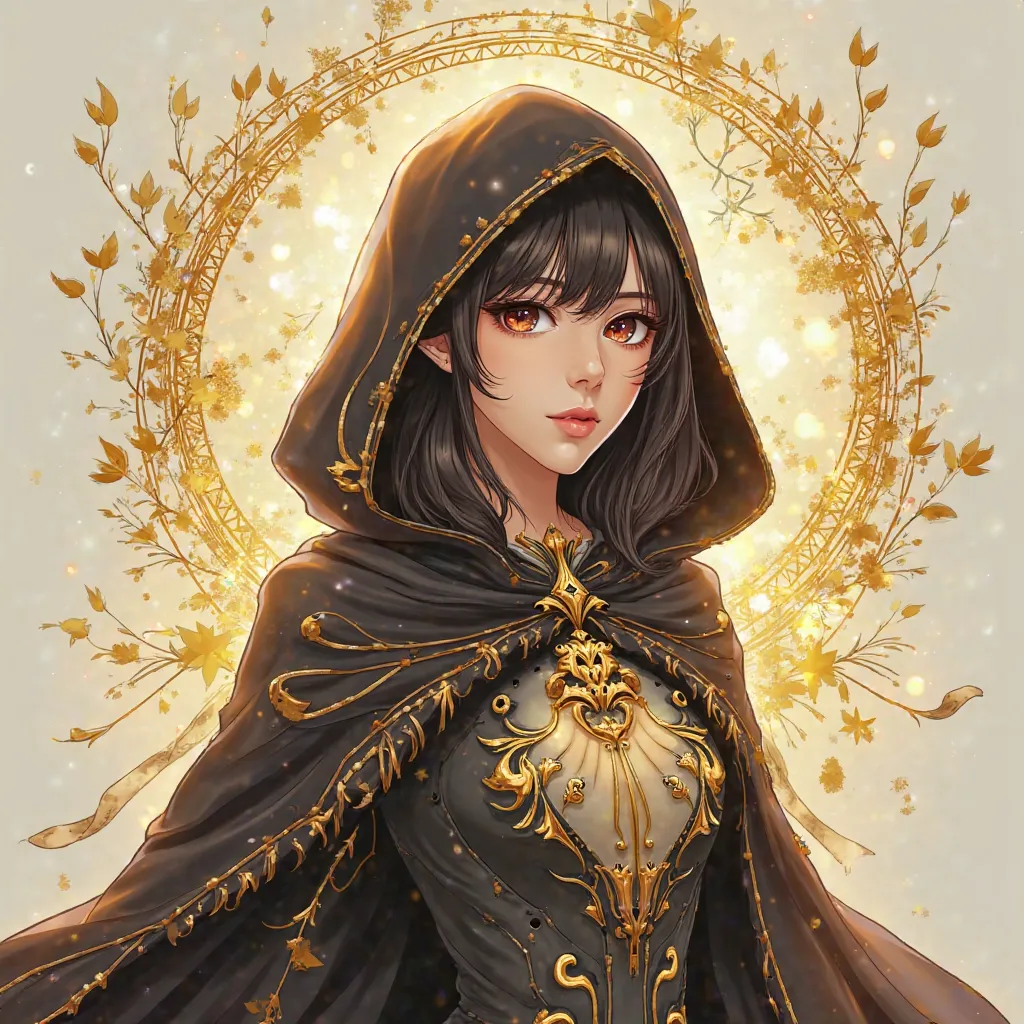 Create logo, a words Adrian Libratar, gold, a woman girl with hood character anime, animation, aggressive