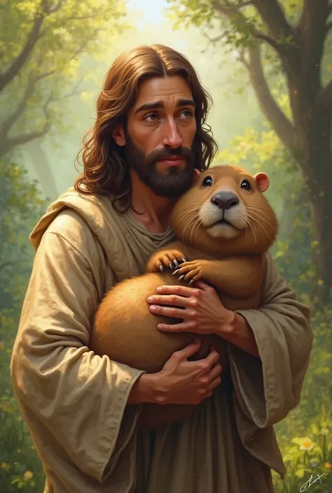 Tender and animated image of Jesus carrying a capybara