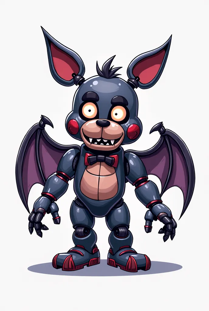 Concept art videogame character, digital draw, animatronic fnaf style, bat, stylized cartoon, white background, simple drawn