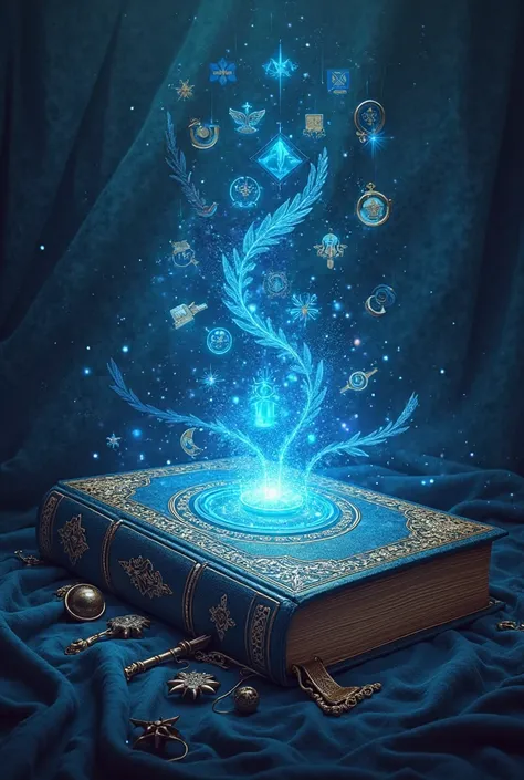 Shirt print of a veneered book with the cover of the book in the color blue shining from it a light with various symbols of health professions, Law, engineering, Close to the book a feather pen