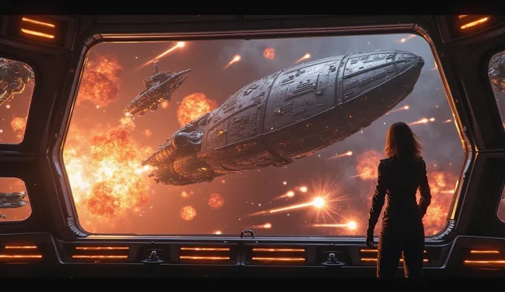 A dramatic, cinematic scene of the ISS Odyssey soaring through a chaotic battlefield, its hull glowing against a backdrop of exploding Council warships and swirling hyperspace streaks. Captain Mira Lang stands boldly on the bridge, her silhouette framed by...