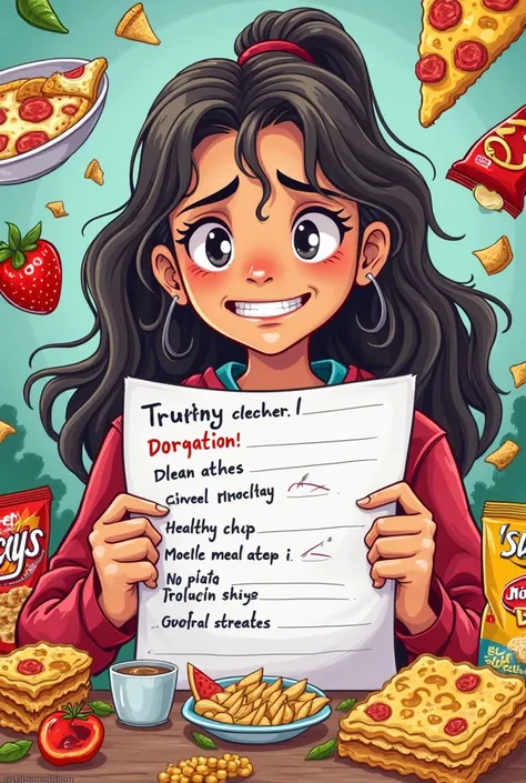 A super motivated person with a list of healthy meals... but in reality she is flooded with pizza, Sweets and chips. cartoon style and that is like a coloring picture