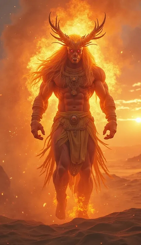 desert efreet, powerful fire elemental, muscular humanoid figure with glowing orange skin, fierce expression, glowing red eyes, ornate jewelry and headdress, standing in a vast desert landscape, sandstorm swirling around, orange and red skies, sun low on t...