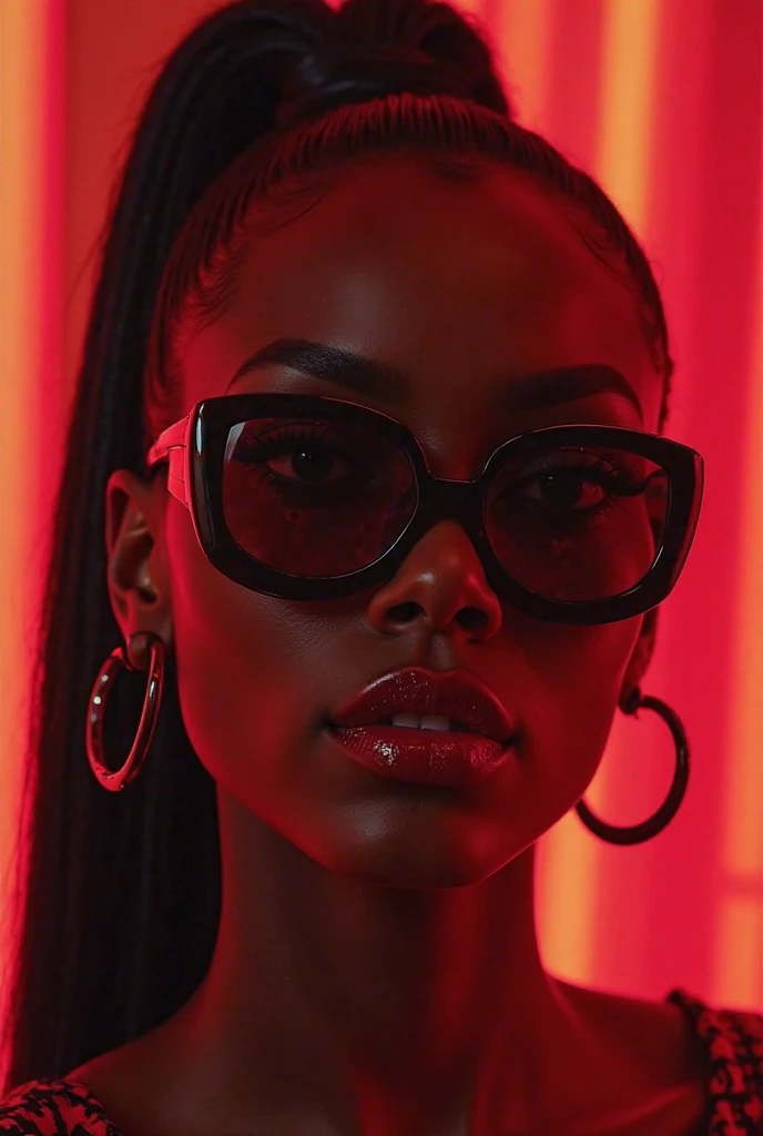 A confident dark-skinned woman wearing stylish red-tinted sunglasses, large hoop earrings, and glossy red lips. She has a fierce expression and a sleek, futuristic look.
The lighting is dramatic, casting a deep red glow on her face. The background is abstr...