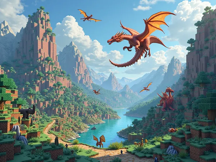 a Minecraft-style image showing a fantasy biome with dragons and animals
