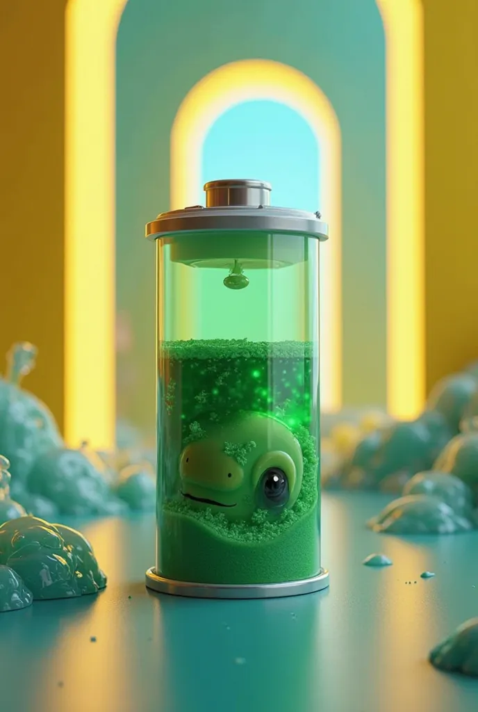 He designed a battery that has a green liquid that has eyes and winks, and the background is yellow and blue in the form of doors