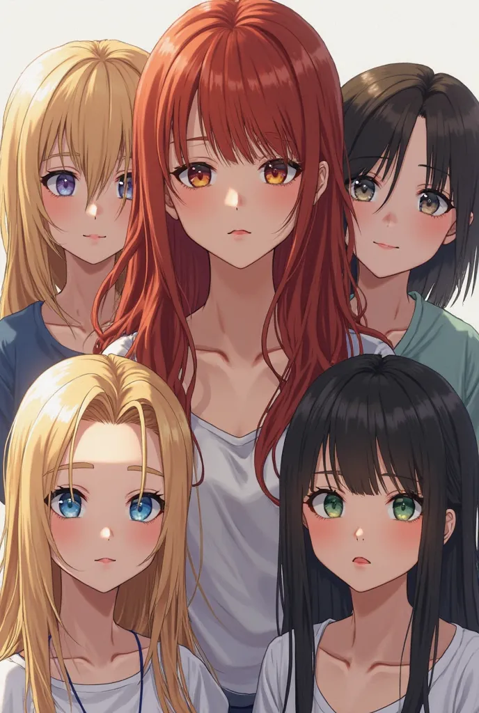 Create five girls, One with blond hair, white and grey-eyed skin, The second one with blue eyes, tanned skin and brown hair, the third one has white skin hazel eyes and red hair, The fourth one has to be a white high school girl,  Asian features, Black hai...