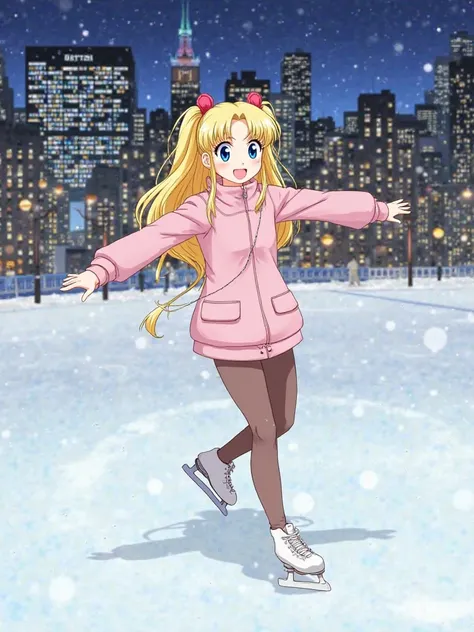 # USAGITSUKINO , long blonde hair in two tall pigtails with odangos, sky blue eyes, warm clothing, skating with arms outstretched and smiling on the Rockefeller Center ice rink, New York City background at night.  Anime style #SailorMoonCrystal High Resolu...