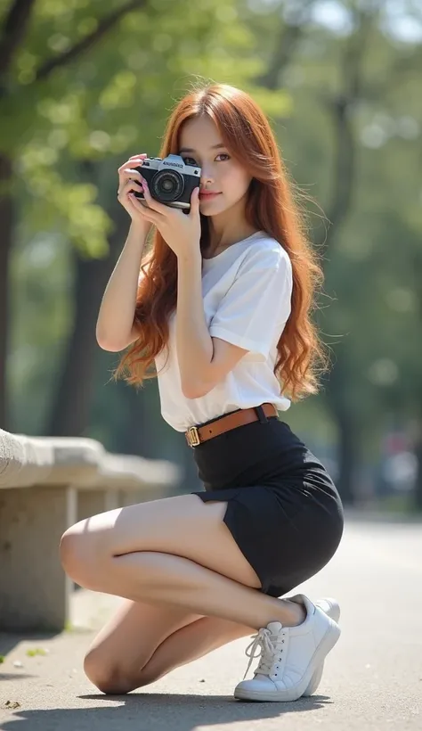 Low angle shot of a fair-skinned So beautiful sexy Asian woman with long reddish-brown hair kneeling in a sunny park. She is wearing a white short-sleeved shirt, a brown college belt, a short black pencil skirt with a side slit, and white sneakers. She hol...