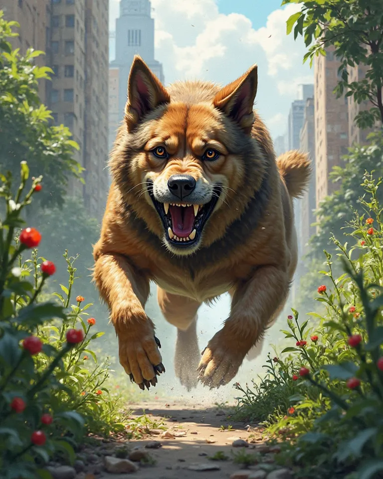 A ferocious dog running in the city garden 