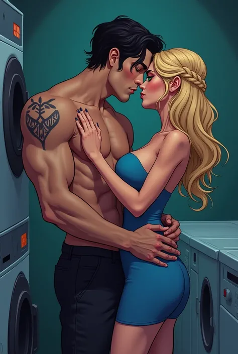 Couple in a dark erotic scene at night the blond haired woman is wearing an elegant round blue dress her hair loose in Bai" with braid on top . She has green eyes, the man wears black dress pants, has a muscular body with a tattoo on her chest and arm, wav...