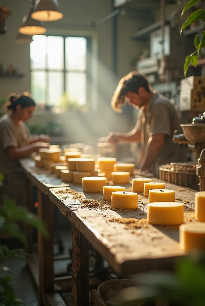 A luminous artisanal workshop with a mix of tradition and modernity:  on the left, a person molding a shampoo bar by hand; To the right, a shiny and new Hydraulic Shaper, processing several bars at once. in the center, a production line with stacked shampo...