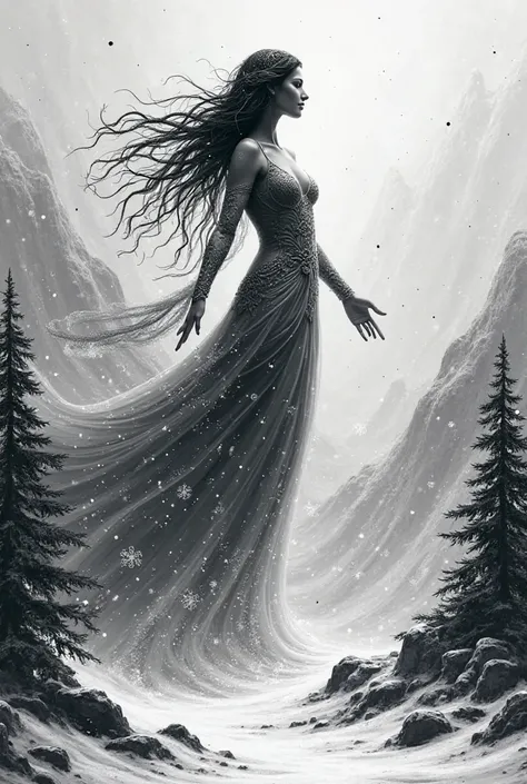 black and white mural, descending goddess frost,  snow 