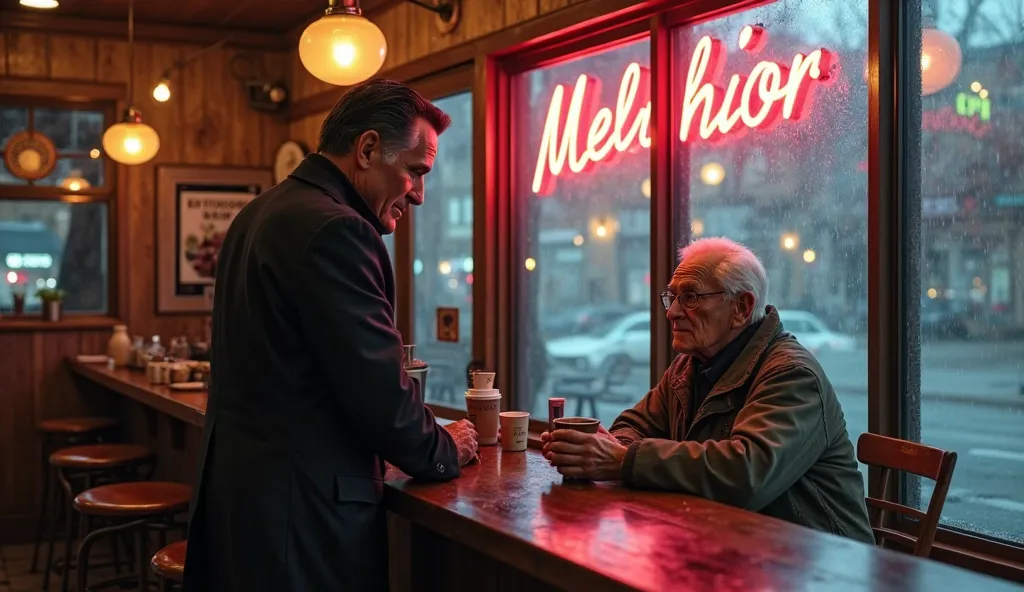 "Highly detailed photorealistic scene: A cozy, dimly lit coffee shop 'Melchior' in Salt Lake City during a cold autumn rain. Senator Mitt Romney, wearing a dark coat, stands at a counter, discreetly gesturing to a barista (pink hair, bee tattoo) to buy cof...