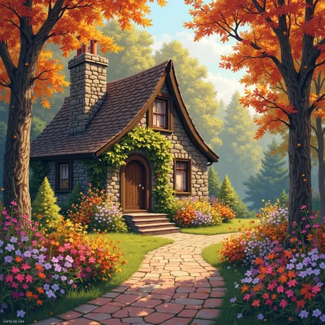 A charming, stone cottage nestled deep within a vibrant autumnal forest.  Impressionistic style, with soft, diffused light filtering through the trees.  The path is a reddish-brown stone, leading to the cottage, flanked by a profusion of flowers in warm au...