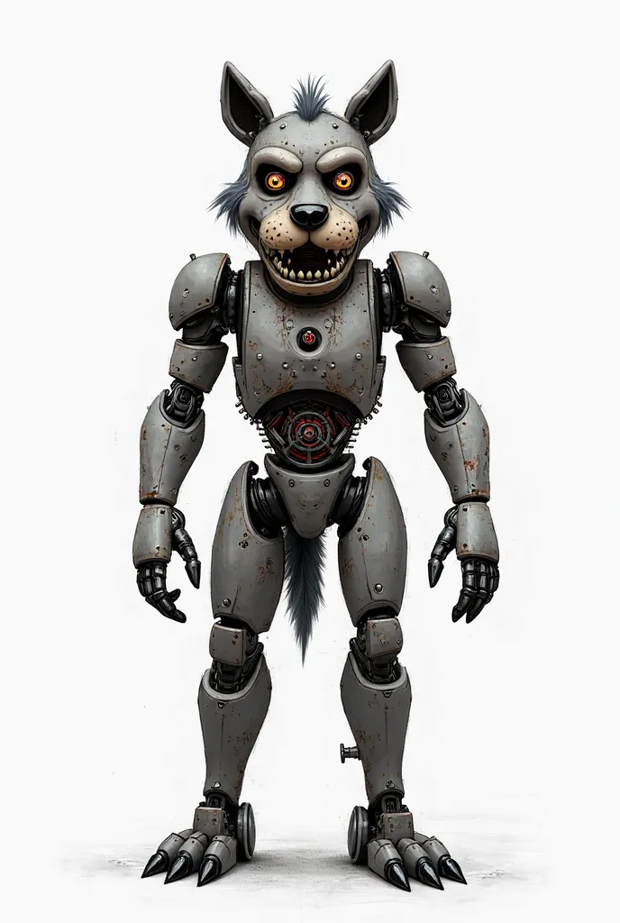 Concept art videogame character, digital draw, animatronic fnaf style, wolf, stylized, white background, simple drawn