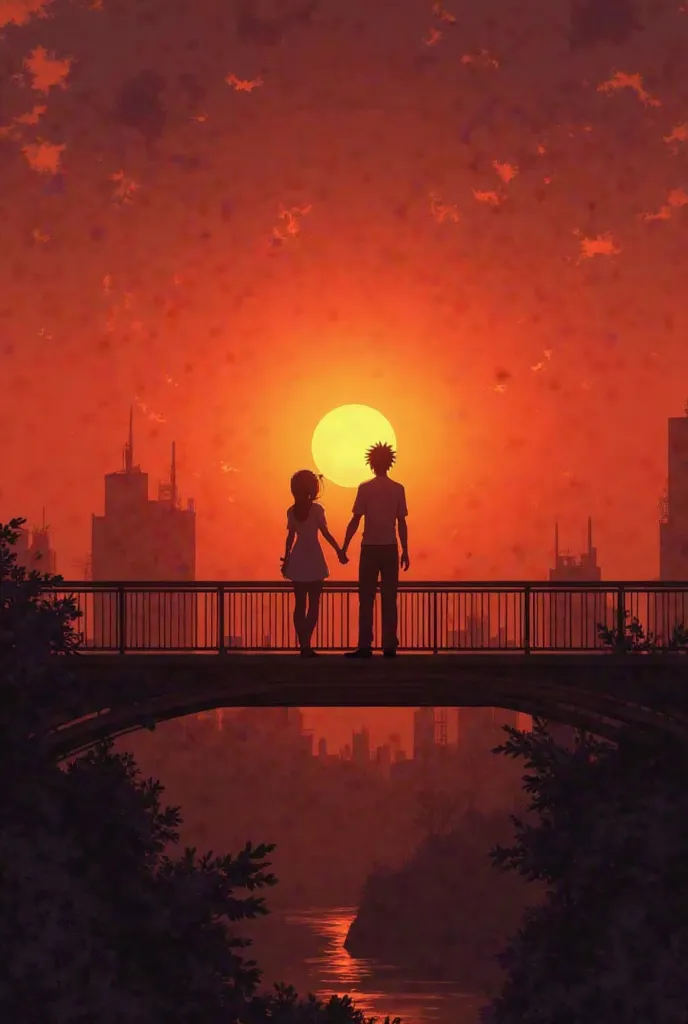 A man and a woman stand on a bridge looking at the sunset. Alina Inami and Argyram watch the sunset. anime, anime in a romantic atmosphere, Annato Finstark and Alena Ainami, moody sunset background, sunset background, silhouette pictures, art style: Ilya K...