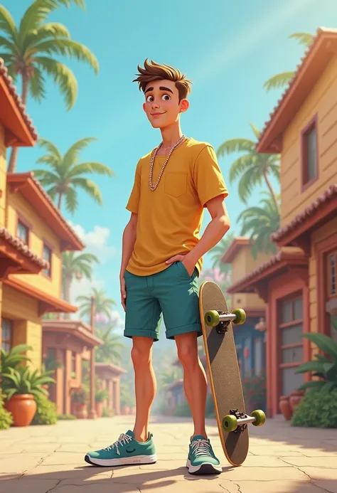 a man of 35 years of age, short and brown hair,  slim body, short stature, Like skateboard in hand, disney pixar, cute