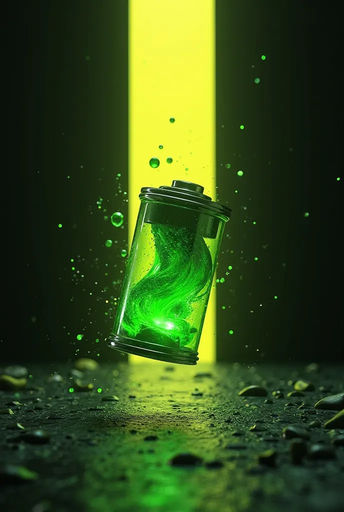 The battery has a green liquid and gives a funny shape and the background is black and yellow in the form of an open door