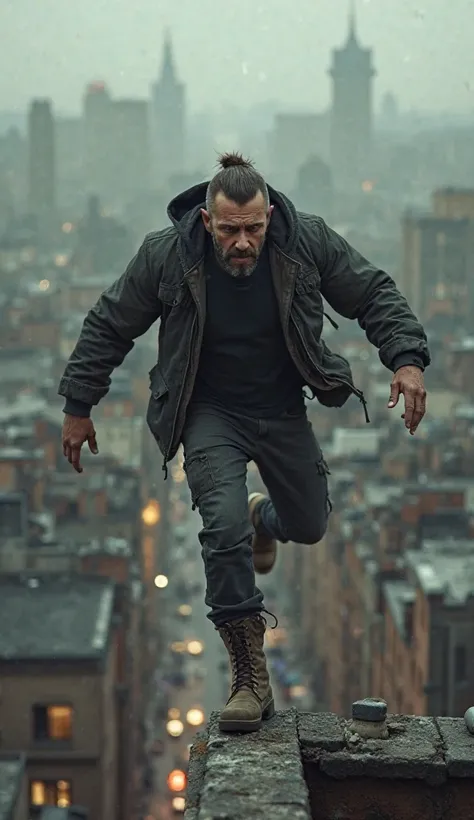 A polish Thug running thru a city using parkour from roof to roof.