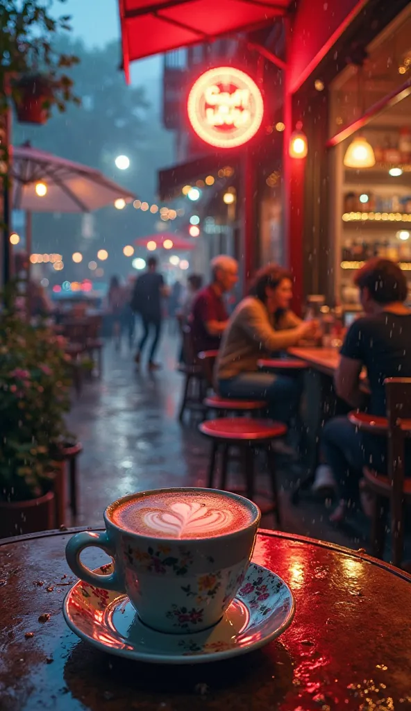 (neon-lit night scene),(low-fi coffee shop),(vibrant colors),(detailed coffee cup),(reflections on the table), (nostalgic vibes), (artistic painting style),(cozy atmosphere), (realistic textures), (coffee aroma in the air), (people chatting and laughing), ...