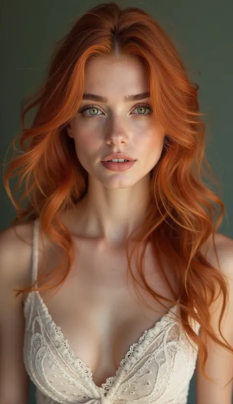 She has intense red hair, in a brilliant copper tone that falls in soft waves across the shoulders, framing your delicate and well-defined face. Your clear and velvety skin, with a subtle touch of pink, highlight the natural luminosity of your appearance.
...