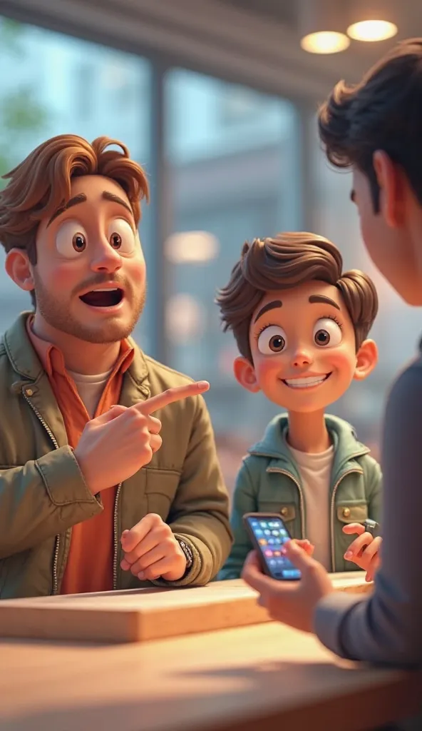 Create 3D Cartoon Image Scene 5.Choosing the iPhone– One of the friends is enthusiastically pointing at an iPhone on display, while another holds a demo model, pretending to inspect it seriously. The shopkeeper is attentively explaining the phone’s feature...