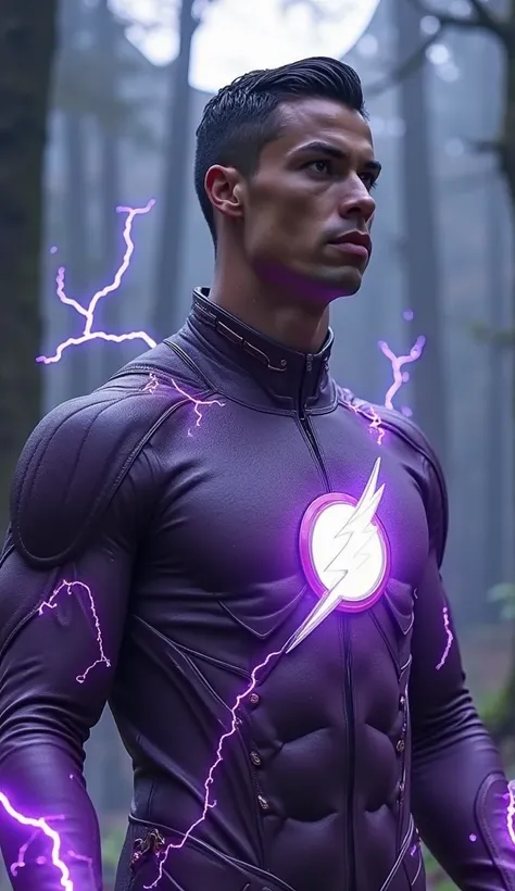 Ronaldo is in a purple Flash costume made of leather. There is a white glowing lightning in the middle of the chest of the costume, A white glowing on his left side 7 and on the right side there is the exact logo of Real Madrid glowing white in the same wa...