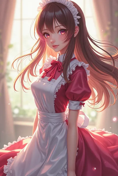 full-length anime girl with brown hair and a pink lock in a maid costume 