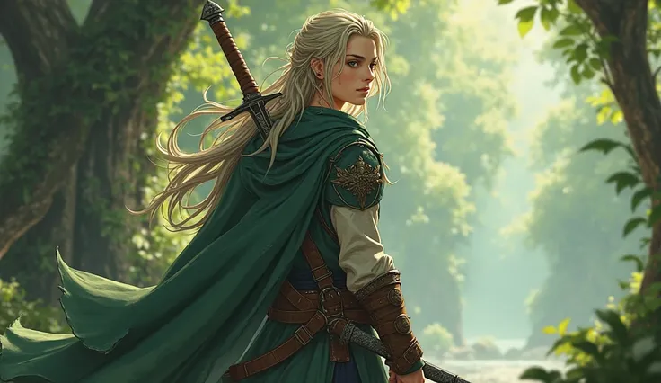  A mystical warrior with long hair ,   disheveled ash blonde hair  , amber eyes ,  She has black spots under her eyes .,  He wears green leather clothing  , white,   Navy blue and brown    ,   a cape complemented by a leather harness surrounding his body  ...