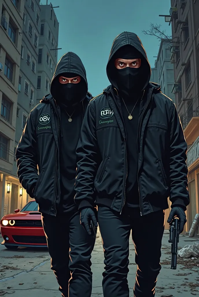 TWO BALACLAVA GANGSTERS DRESSED IN BLACK FROM AIRFORCE ONE IN BLACK AND WITH SOFT WRITINGS (08V) ON THE STREET WITH A (DODGE CHALLENGER) SRT BACKGROUND IN THE NIGHT GHETTO IN CARTOON FORMAT 