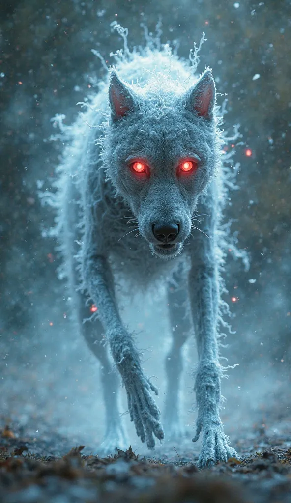 A skeletal, frost-covered dog with hollow, glowing red eyes. Its body phases in and out of existence, moving like a ghost through space, draining heat and life from everything nearby.