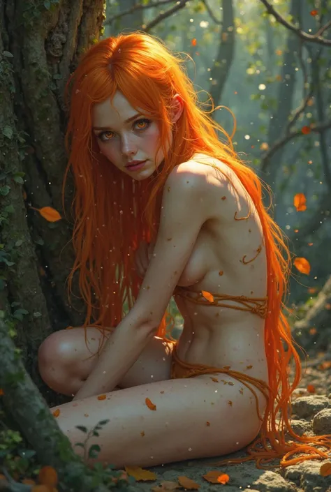 girl with long bright orange hair, with fluorescent orange eyes, 𝗌𝖾 𝖼𝖺𝖾 𝗌𝖾𝗇𝗍𝖺𝖽𝖺 𝖺𝗅 𝗌𝗎𝖾𝗅𝗈 𝖼𝖾𝗋𝗋𝖺𝗇𝖽𝗈 𝗎𝗇 𝗈𝗃𝗈,  in a magical forest . She wears little clothing, revealing part of her skin and body. is surrounded by leaves that fall softly on her,  while a faint...