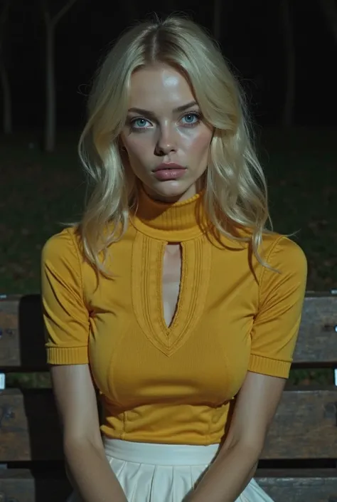 A beautiful, realistic-looking woman,  with blue eyes and blond hair , has an extremely long neck. She wears a short-sleeved yellow satin turtleneck that completely covers her neck, whose collar is corrugated and tight. The sweater has a slit in the neckli...