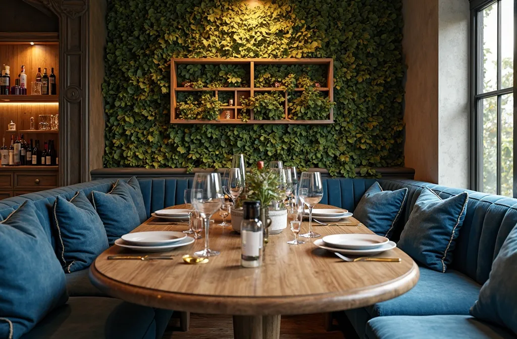 cosy dining room with minibar green wall, wine, oval table. cosy style. blue details