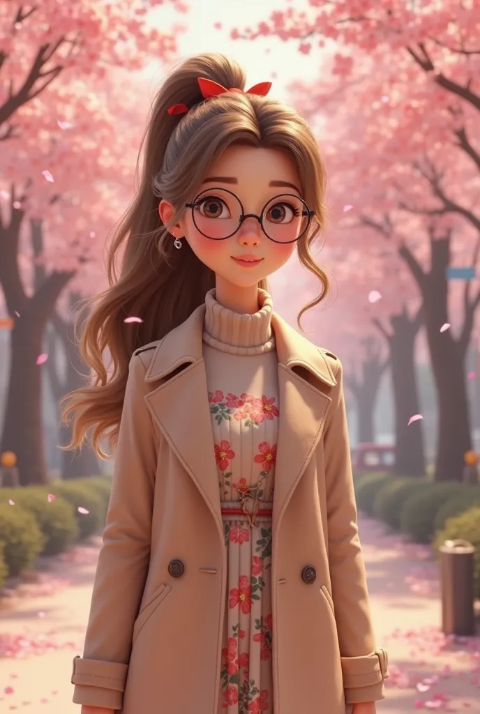  A female character in highly detailed 3D style , wearing clear glasses  , inspired by the Disney aesthetic /Pixar.  she has long hair e castanho,  tied in an elegant ponytail , with small decorative headbands with a red bow. Her big, bright eyes convey de...