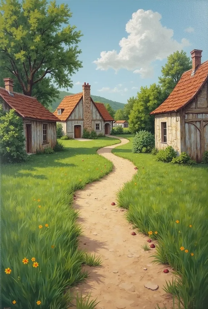 There is a way in the middle of a village and there is green grass and a way , Eugene delicrox painting style 