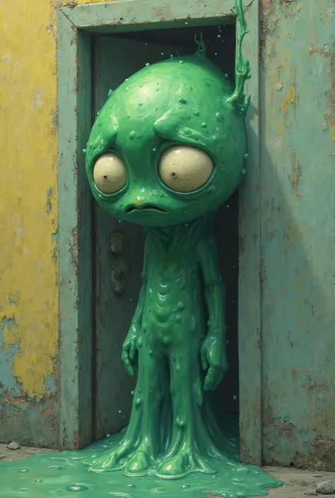 It has a green liquid. It has sad eyes and the background is yellow and blue on the shell of doors