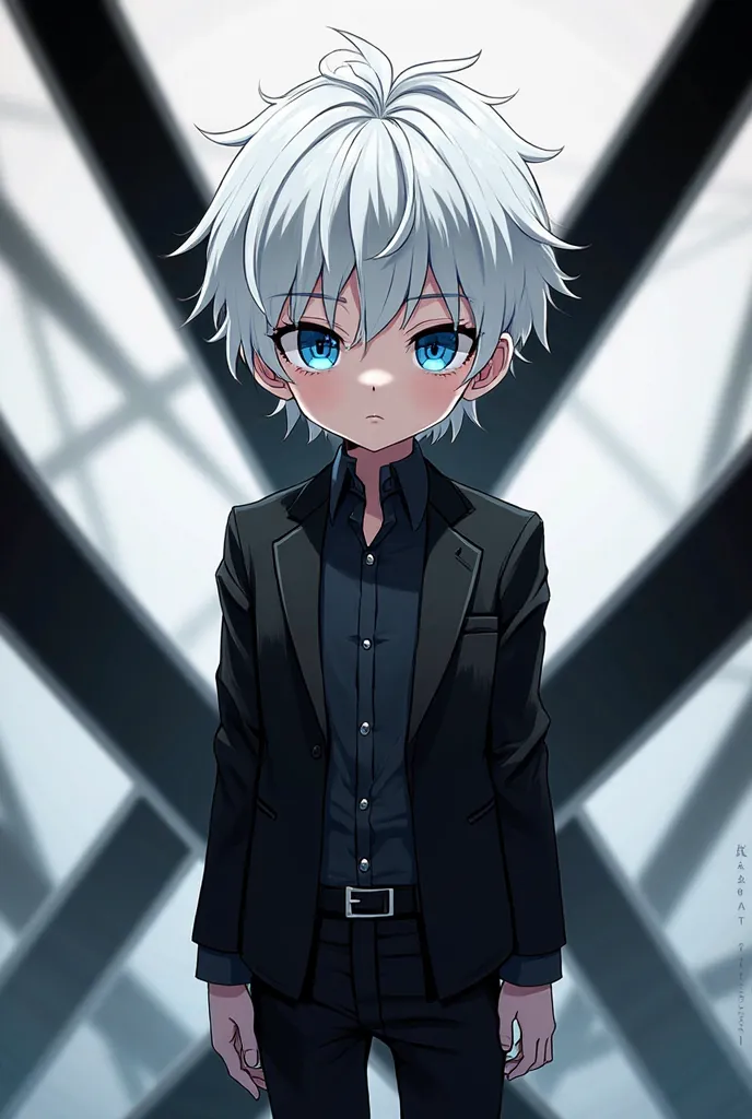 I want an anime version boy with white hair, blue eyes and black clothes in the background with black and white rays.