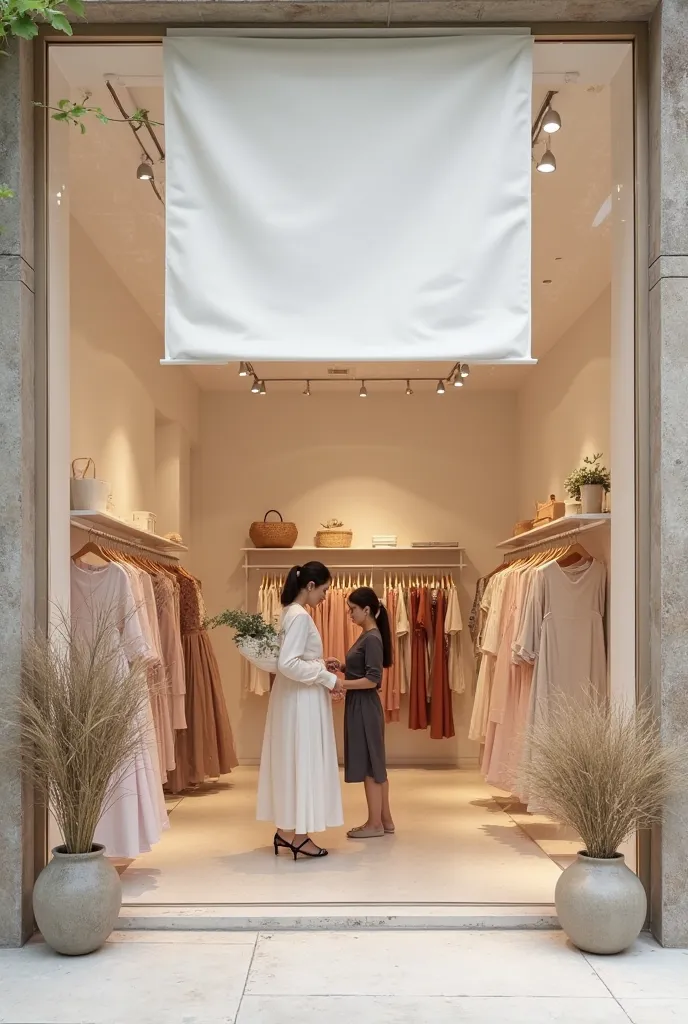 image of a women's modest dress store with a large white banner in neutral colors 