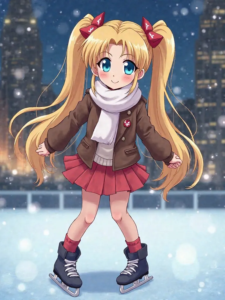 Animé , Usagi Tsukino, long blonde hair in two tall pigtails with odangos, sky blue eyes, warm clothing, skating and smiling on the Rockefeller Center ice rink, New York City background at night. HD Full