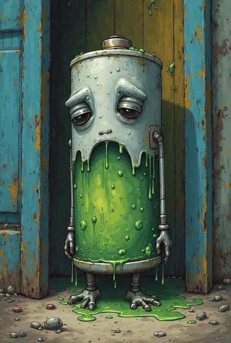 Design for me a sad battery in the form of a cartoon with a green liquid and the background color is blue and yellow in the form of a door