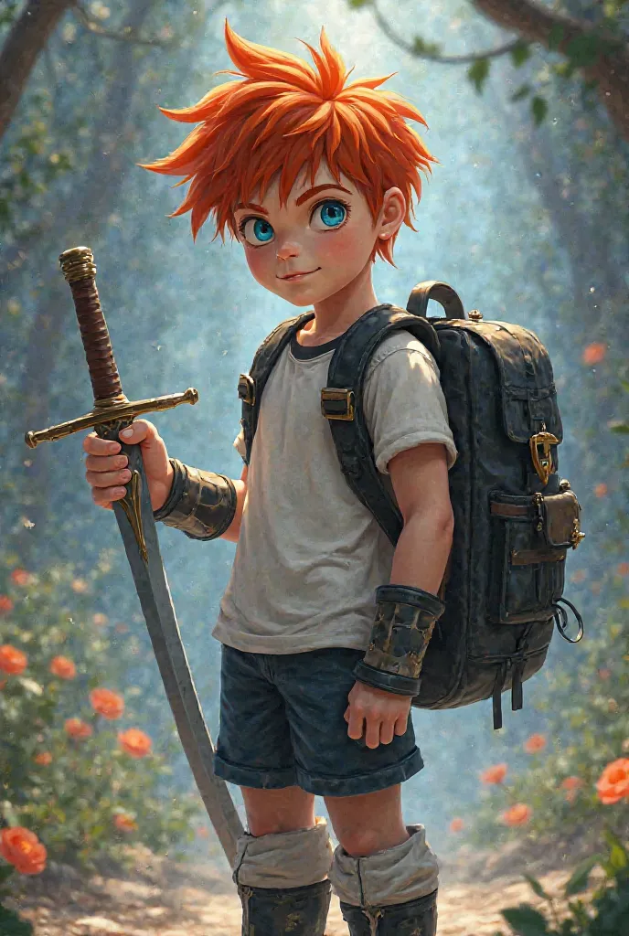 Boy with red hair blue eyes sword in his hand black and white boots white t-shirt and black shirt black backpack with a spirit at his side