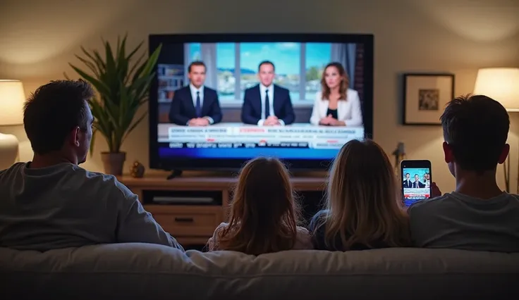 A TV news broadcast in a modern domestic environment. on the screen, well-dressed anchors speak calmly, but the captions reveal messages that relatize the truth, promoting distorted values as normal. A family watches, with different reactions: some agree, ...