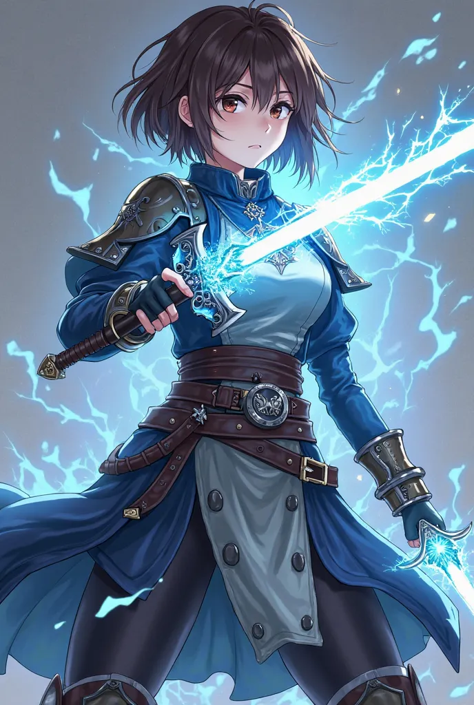 anime design , An 18-year-old protagonist with short brown hair and bangs dark brown eyes, with blue electrical powers coming out of the hands and an aura of electricity all around, with modern medieval clothes resembling an Isekai and two medium swords in...